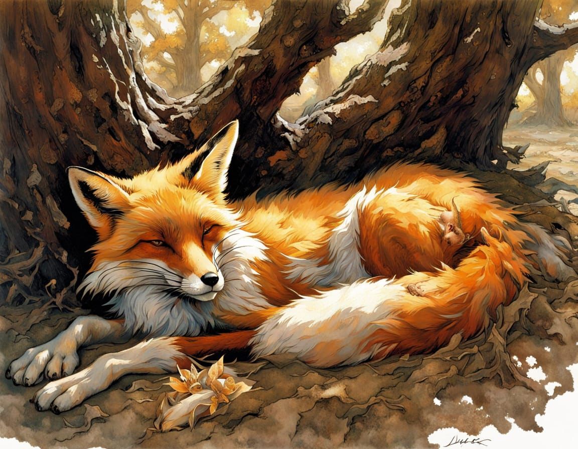 Fox Family Scene in Art Nouveau Style