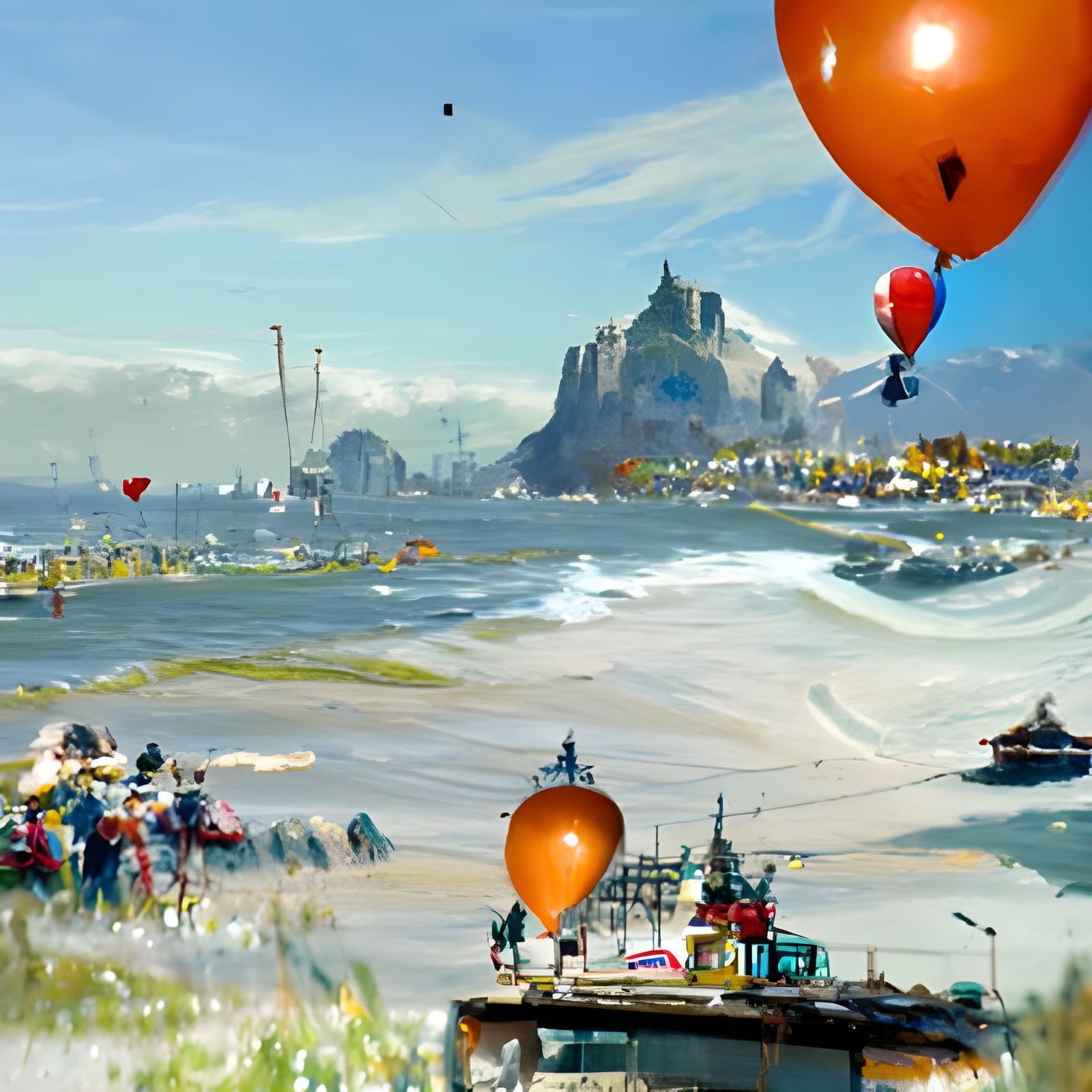 Hot Air Balloons Over Seaside Town in Oil Painting Style