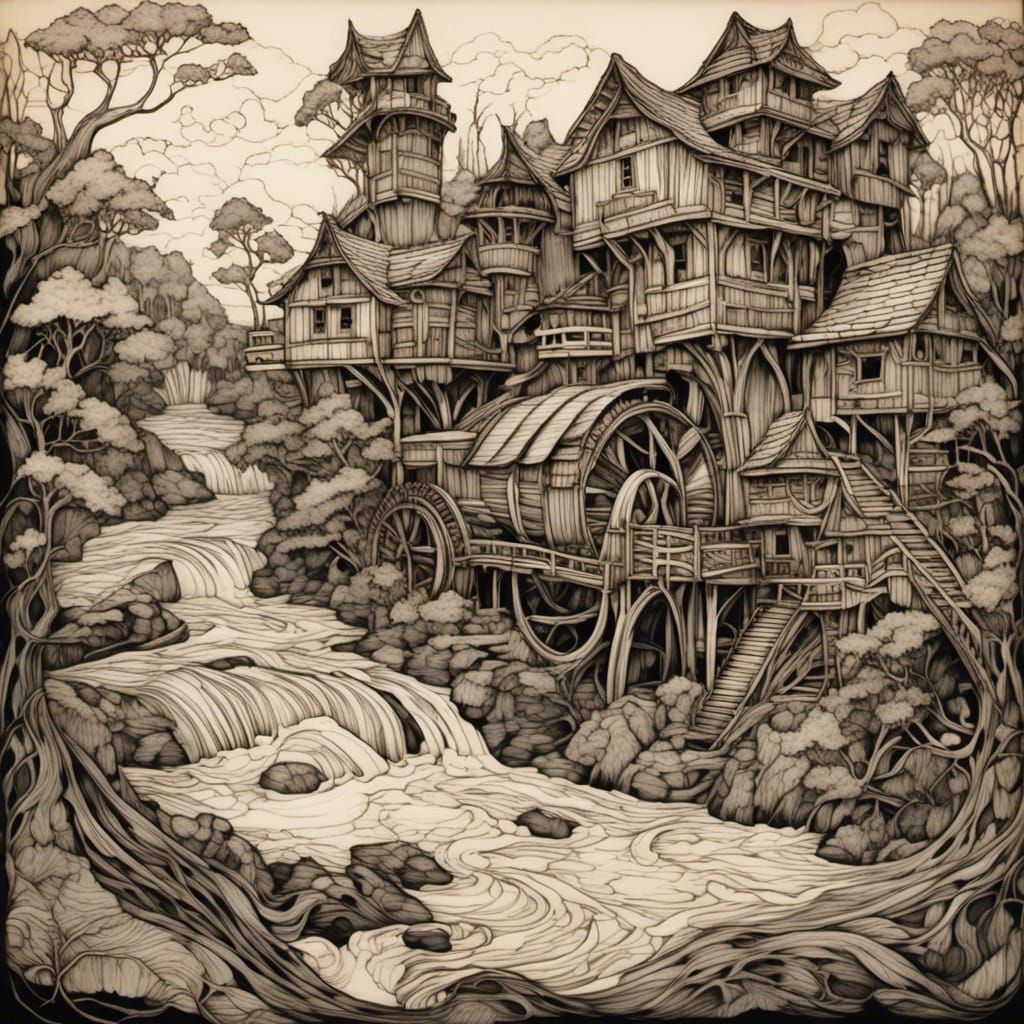 Art Nouveau Watermill Village Dream in Pyrography Style
