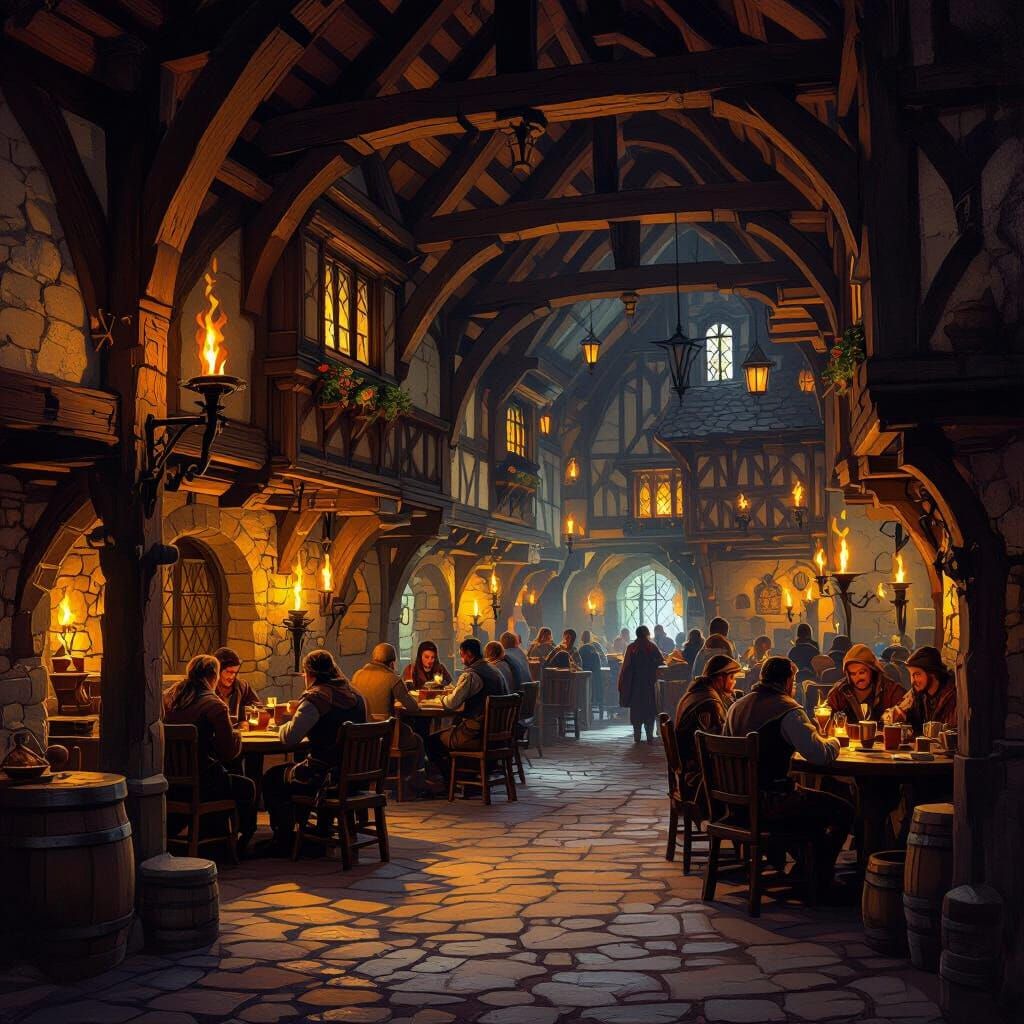 Cozy Medieval Inn Illuminated by Torchlight