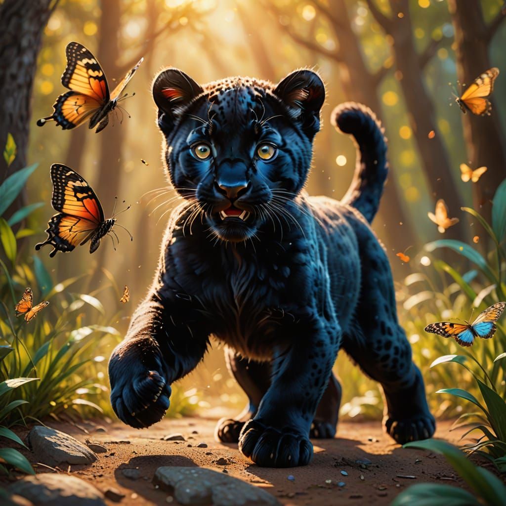 Panther Cub Pouncing in Vibrant Oil Painting
