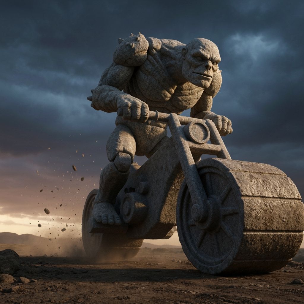 Rock Biter on Steamroller Bike in Stormy Landscape