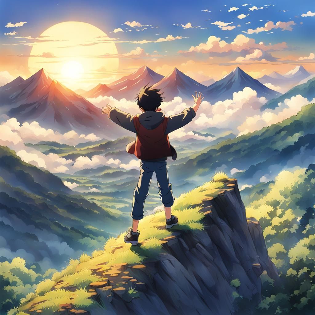 Joyful Anime Boy Leaps at Sunrise on Mountain
