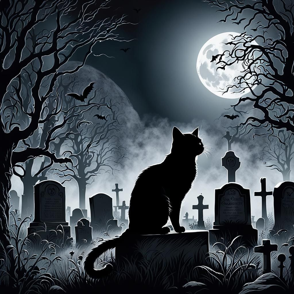 Eerie Black Cat in Cemetery Etching