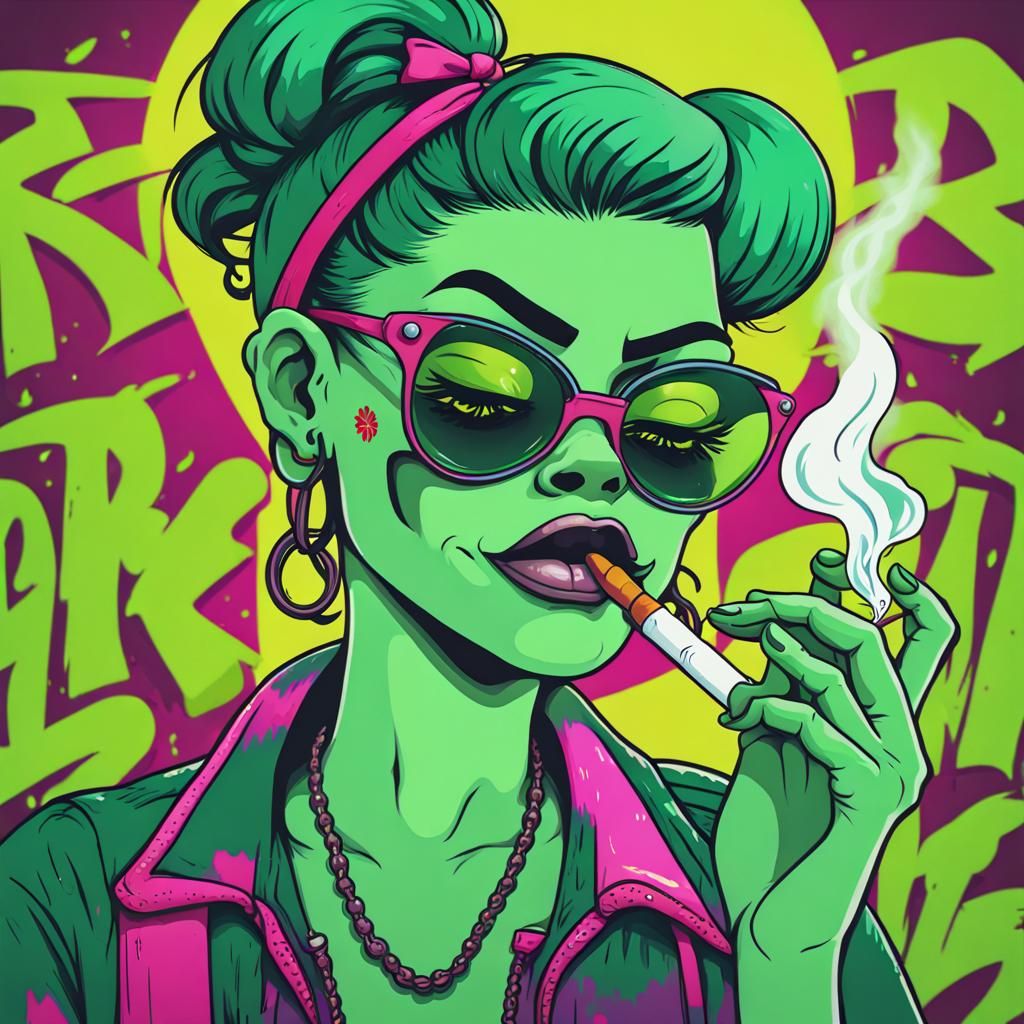 Rockabilly Ghost Girl Smoking with Graffiti Art