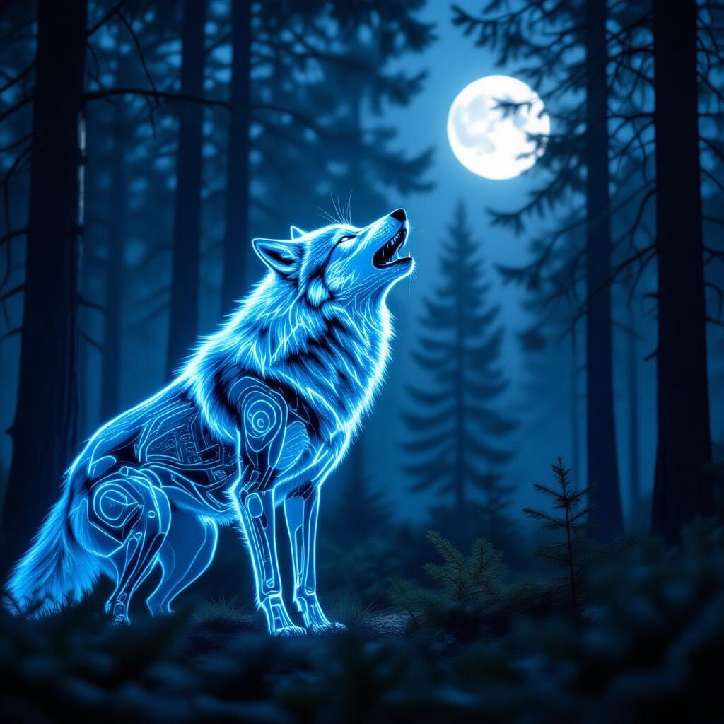 Bioluminescent Biomechanical Wolf Howling at Moon