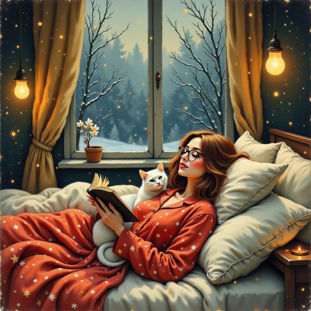Woman Reading in Cozy Winter Bedroom with Cat
