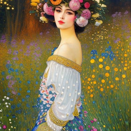 Lady with Chrysanthemums in Art Nouveau Style