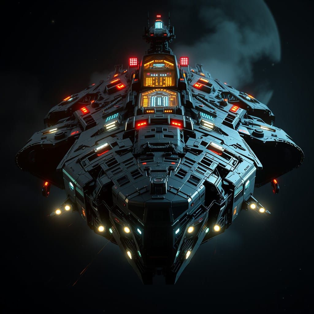Cyberpunk Battlestar in Dark Space, with Sharp Focus and Glo...