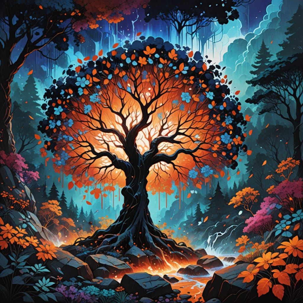 Mystical Forest Tree in Vibrant Pop Art Style