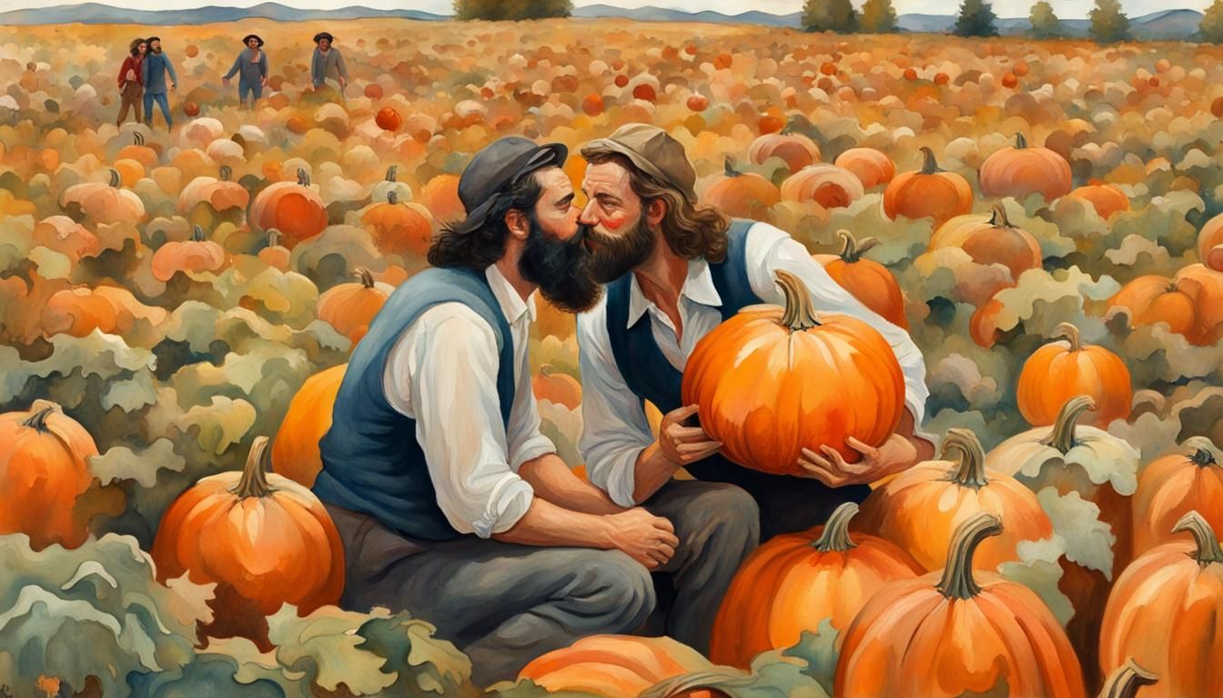 Romantic Pumpkin Patch Kiss in Gouache Style