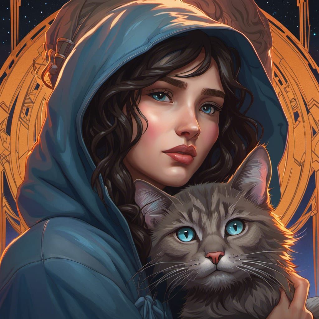 Girl with Cat Portrait in Hyperdetailed Digital Art