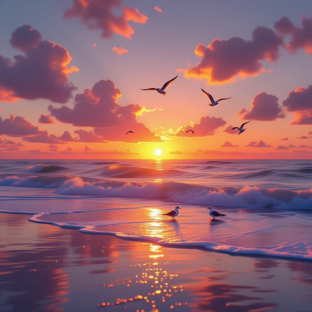 Serene Beach Sunset with Golden Light and Seagulls