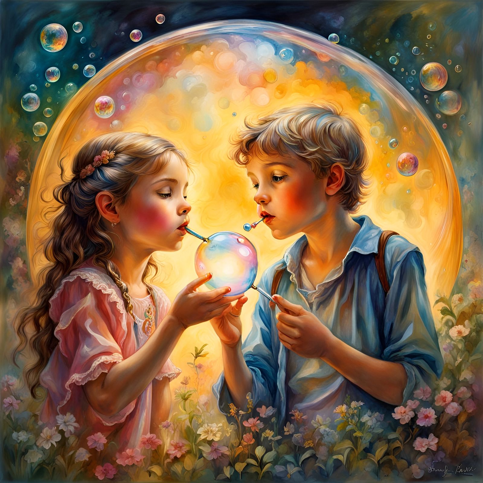 Children Blowing Bubbles: Polychromatic Watercolor Illustrat...
