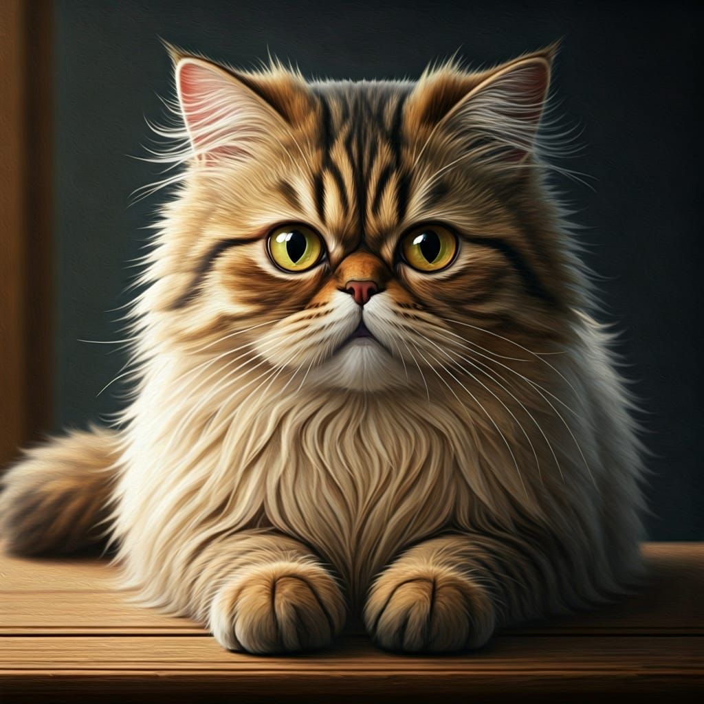 Fluffy Persian Cat-Rabbit Hybrid in Oil and Ink