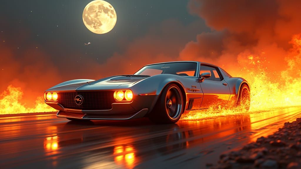 Futuristic Opel Commodore Speeds Through Lunar Inferno