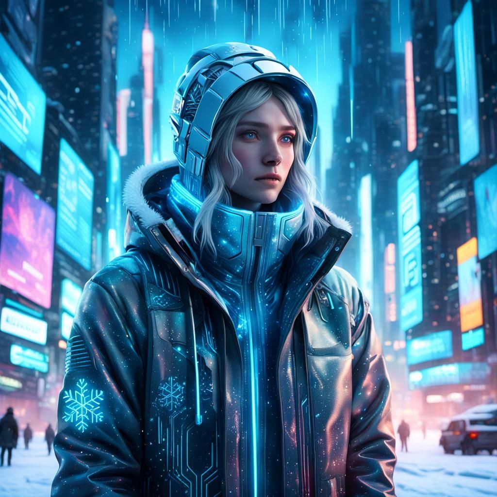 Woman in Winter Cityscape Under Neon Lights