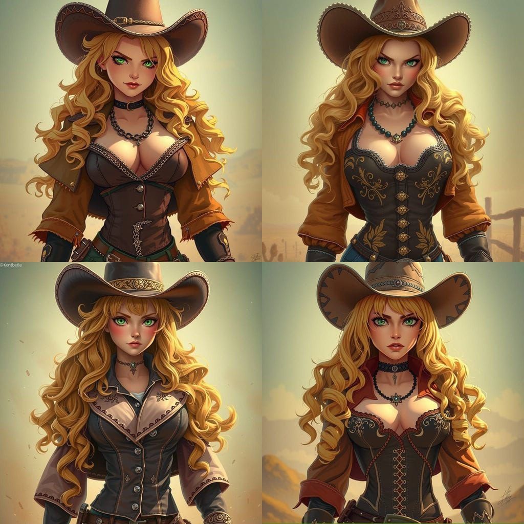 Haughty Cowgirl with Golden Locks and Green Eyes