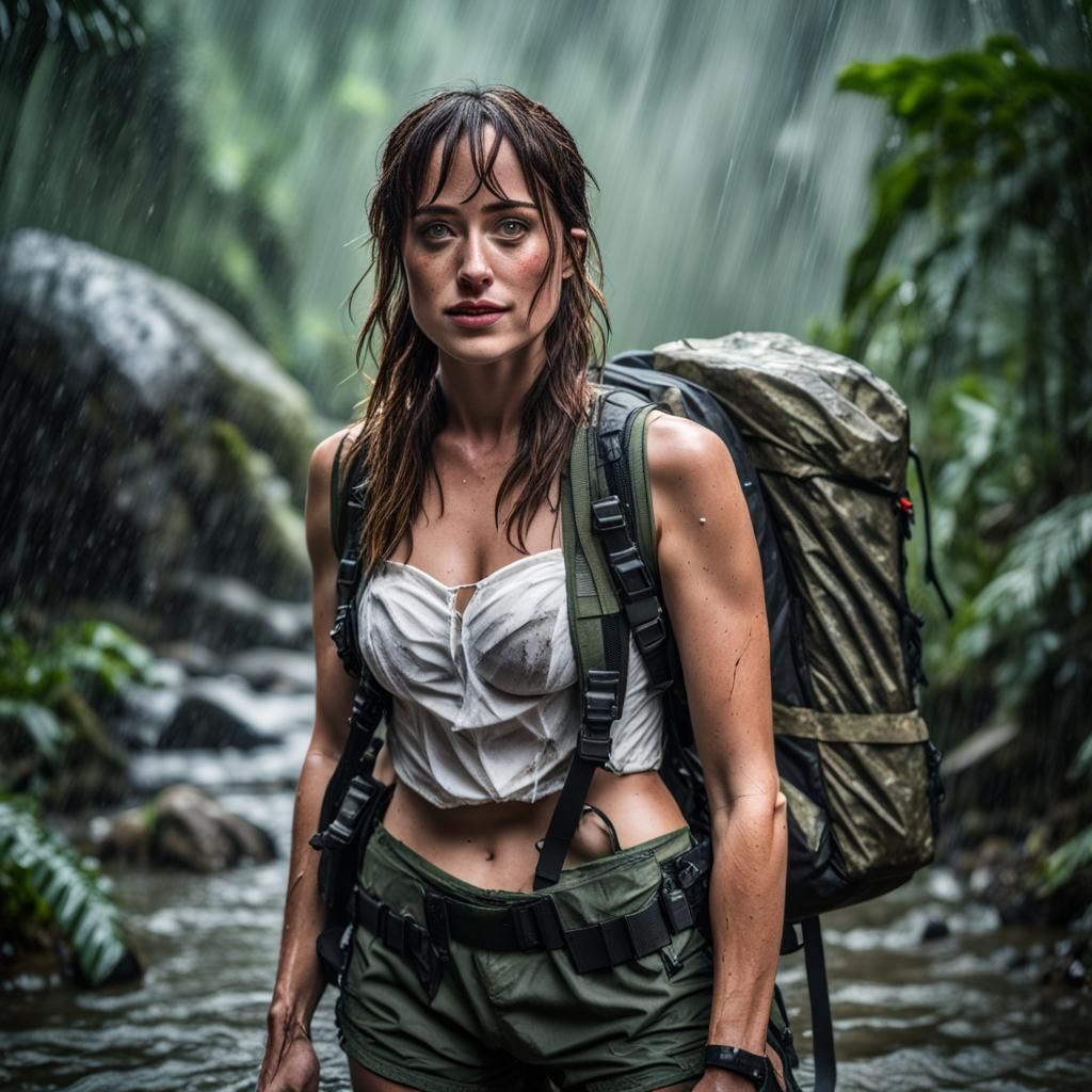"selfie of Dakota Johnson, jungle, heavy makeup, tattered hiking gear, backpack, camouflage shorts, white bustier, amazo...
