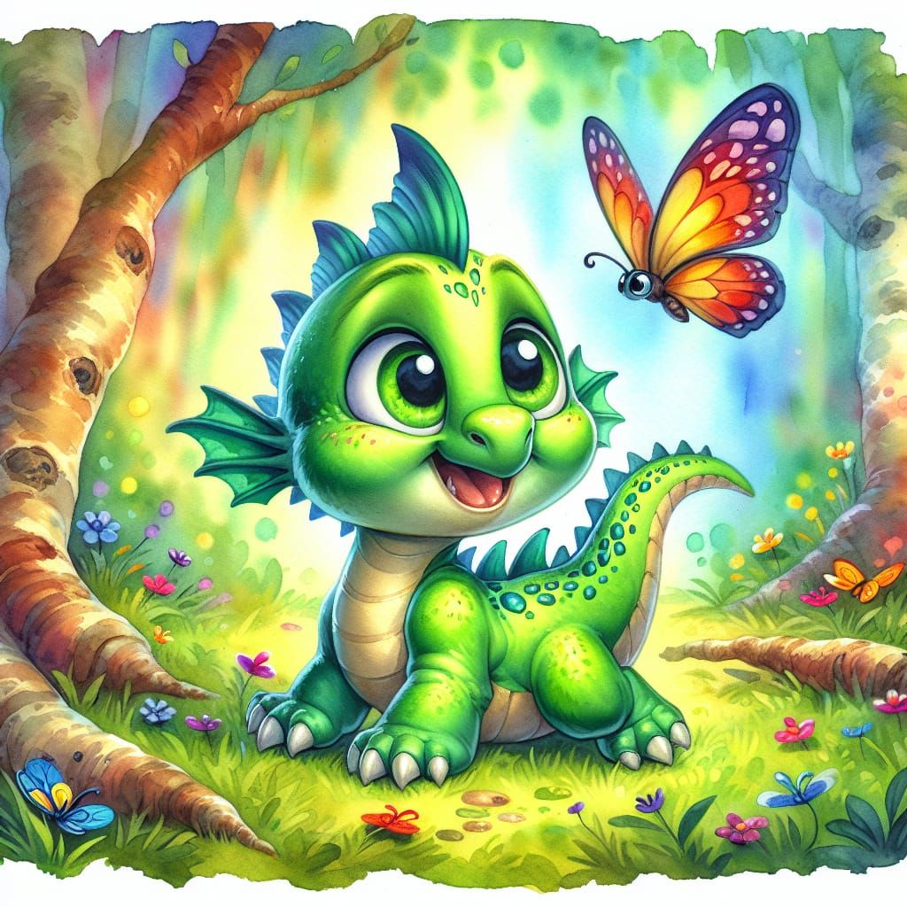 Whimsical Watercolor: Mischievous Dragon Chasing Butterfly
