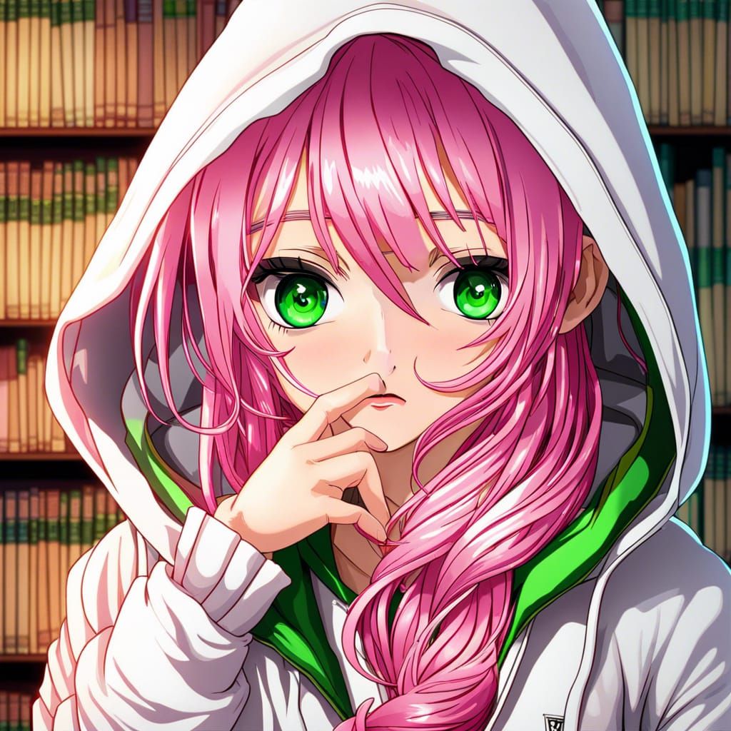 Anime Woman with Pink Hair in Library