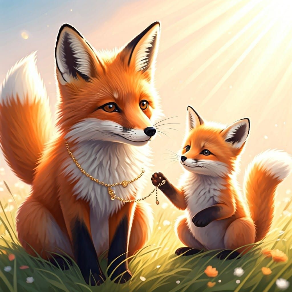 Fox Family Playfully Interact with Necklace