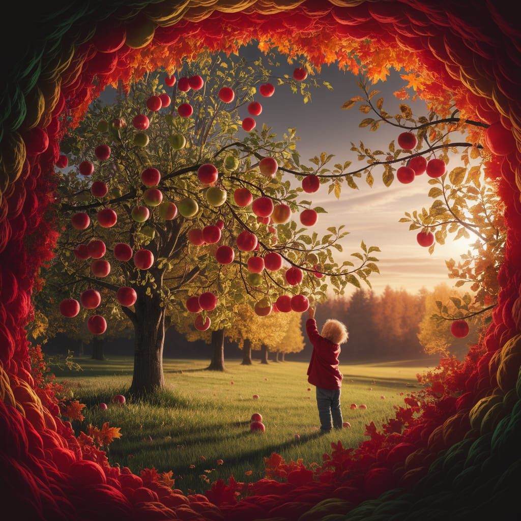 Enchanting Orchard in Full Bloom with Apples and Joyful Chil...