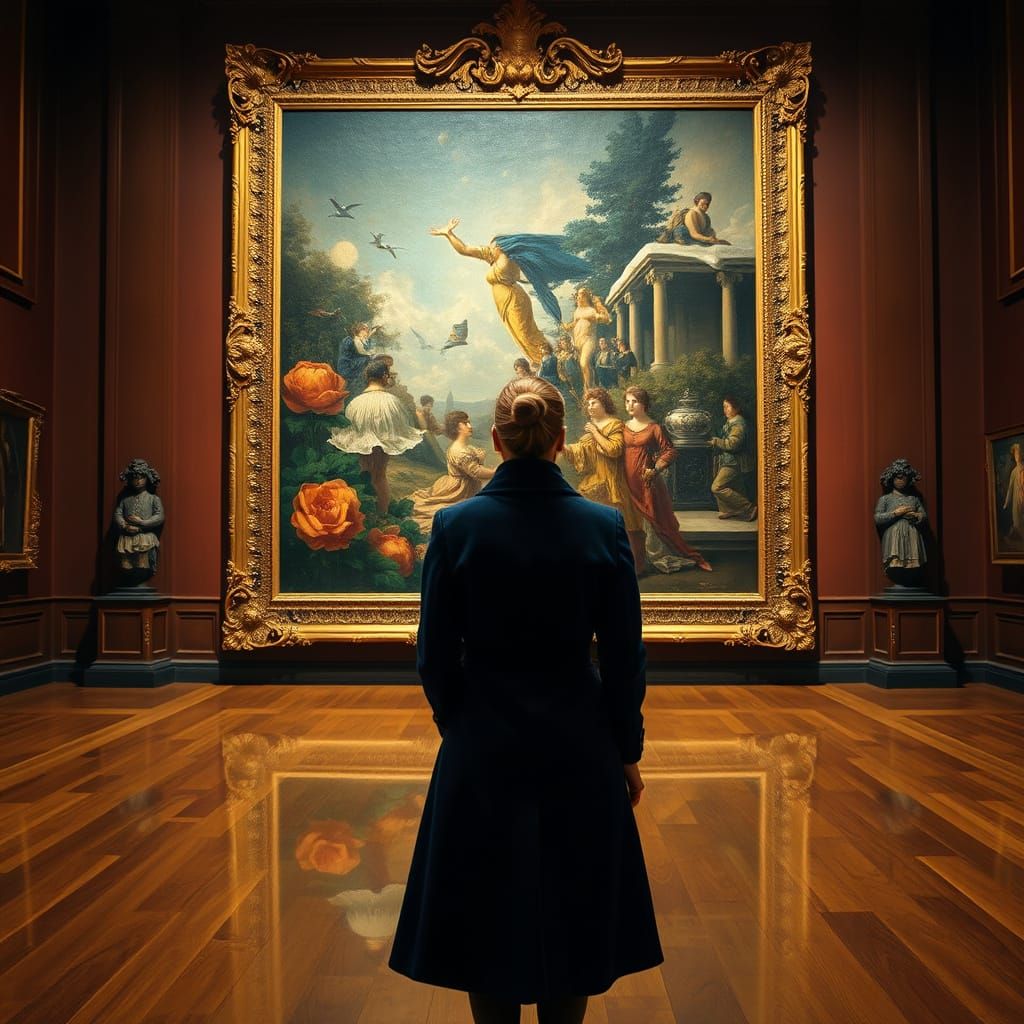 Woman Contemplating a Grand Oil Painting in a Museum