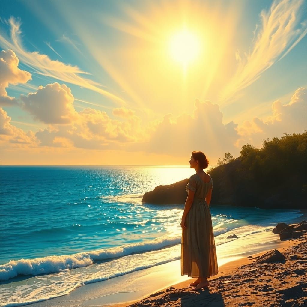 Sunset Bay Scene with Woman, Dreamy Art Style