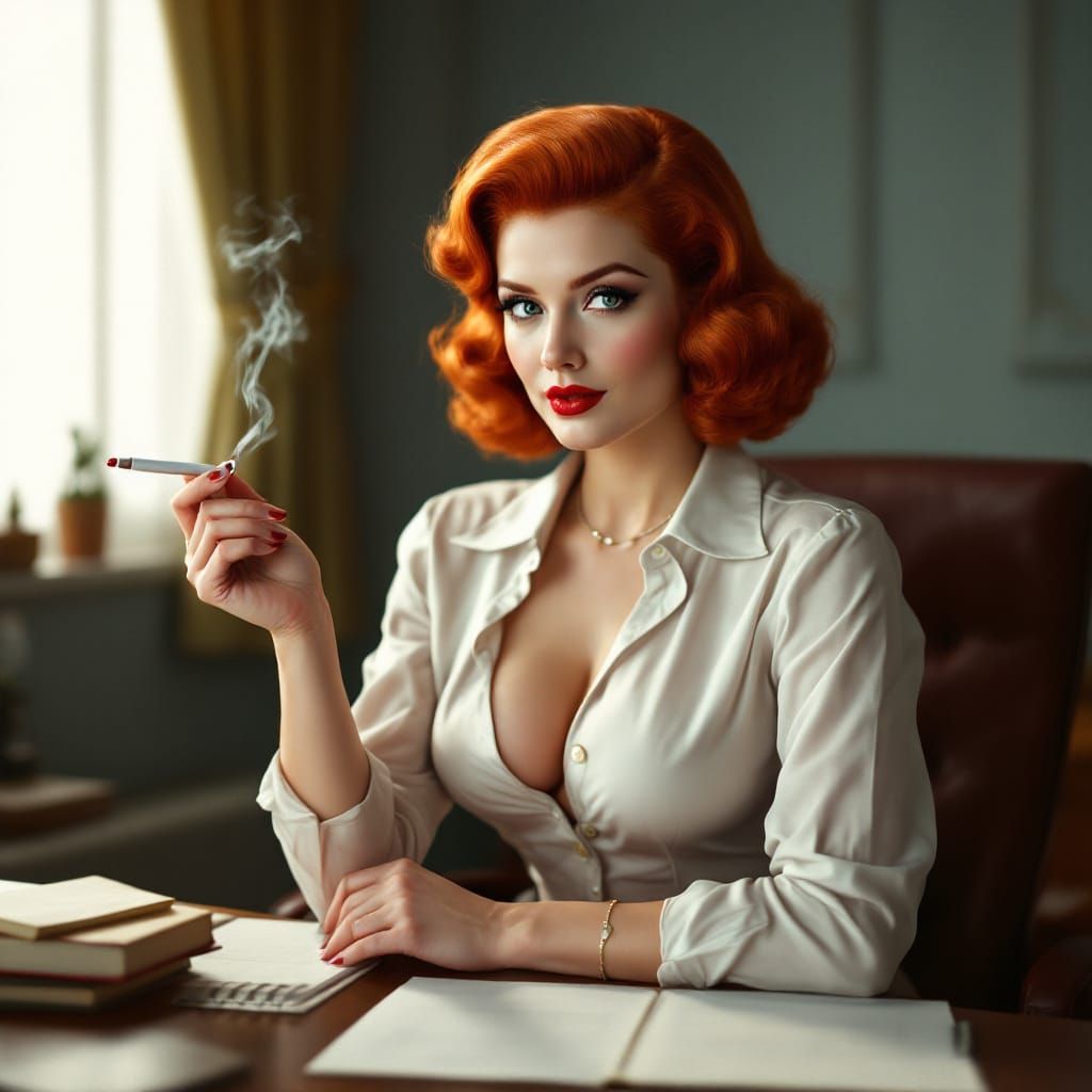 1950s Secretary at Desk with Cigarette