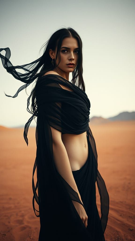 Monochrome Desert Portrait with Flowing Ribbons