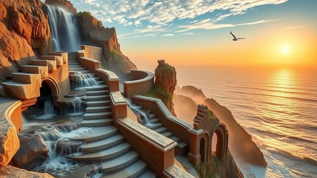 Majestic Cliffside Stairway Rises to the Horizon in a Dreaml...