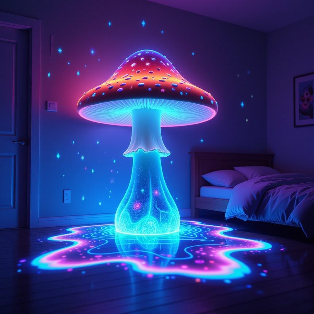 Magic Mushroom Hologram in a Neon-Lit Bedroom
