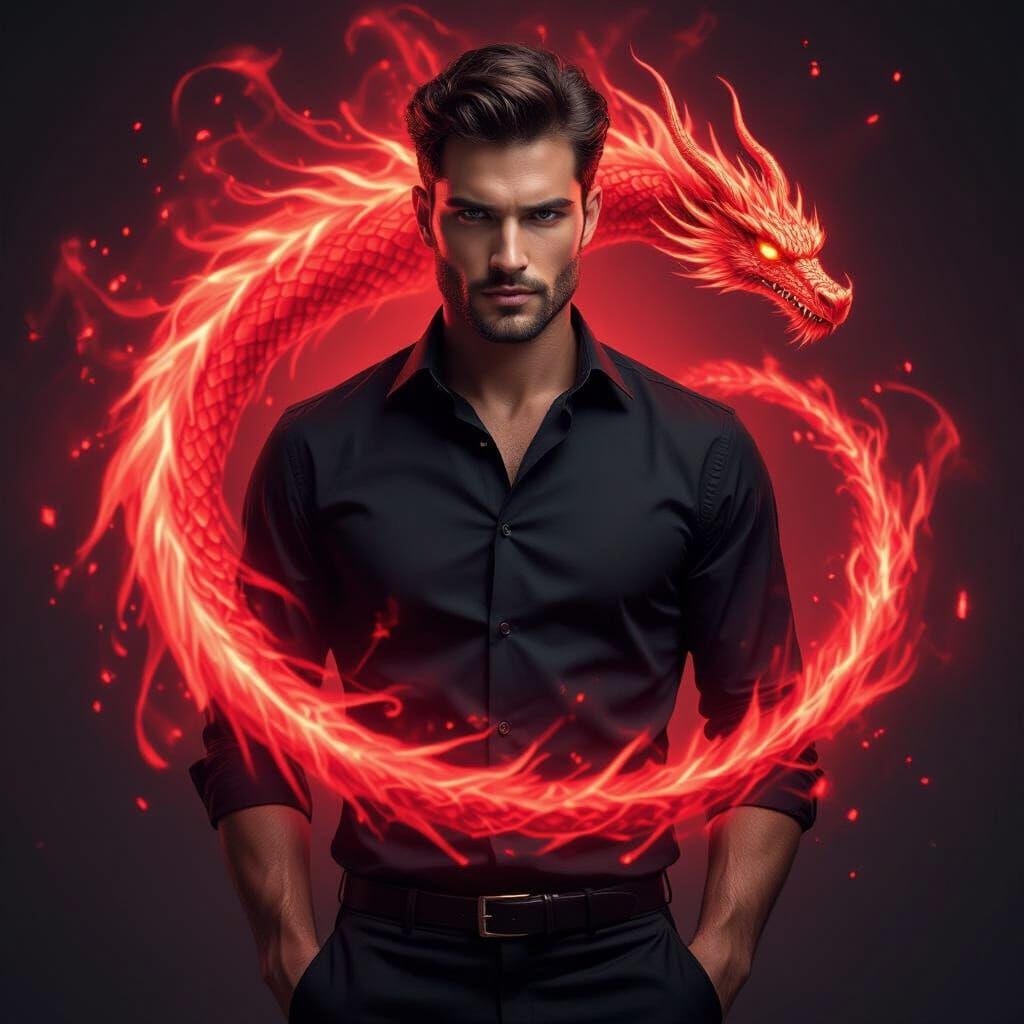 Handsome Man with Red Dragon Magic Aura