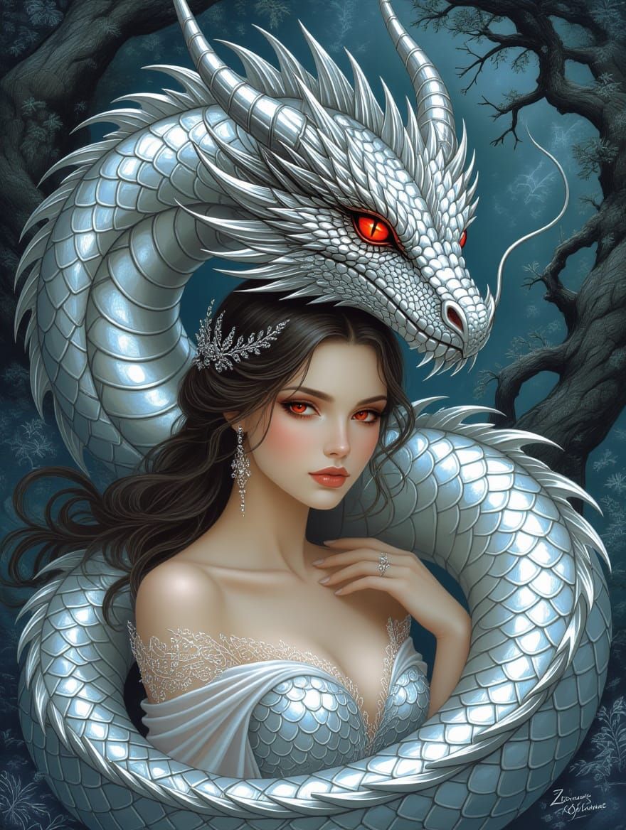 Dreamlike Dragon Goddess in Shimmering Silver