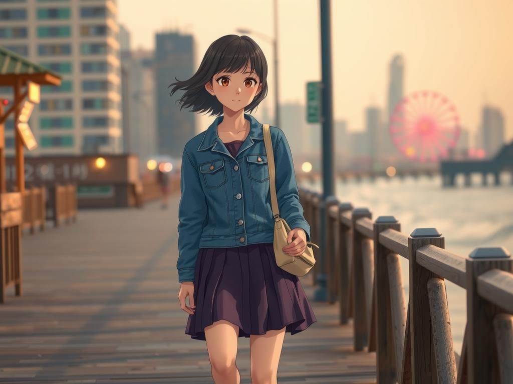 Anime Woman in Long Jacket on Boardwalk