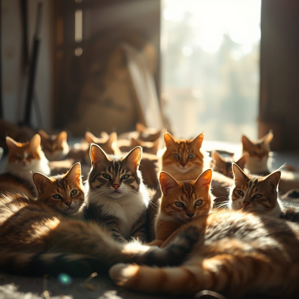 Majestic Feline Gathering in Warm, Golden Light