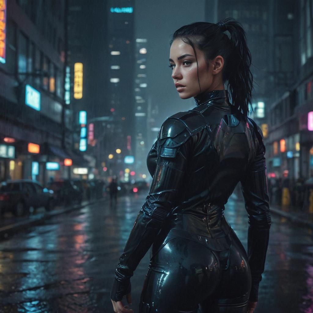 Cyberpunk Woman in Neon Cityscape Portrait