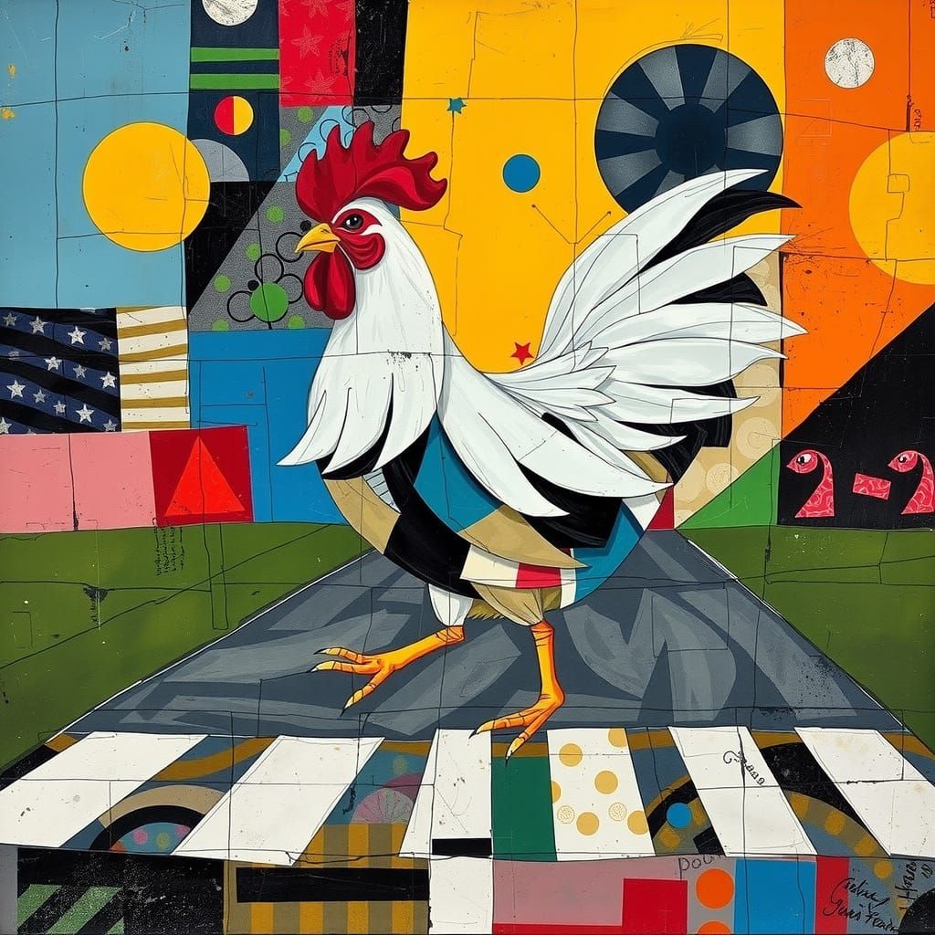 Whimsical Chicken in Vibrant Geometric Landscape