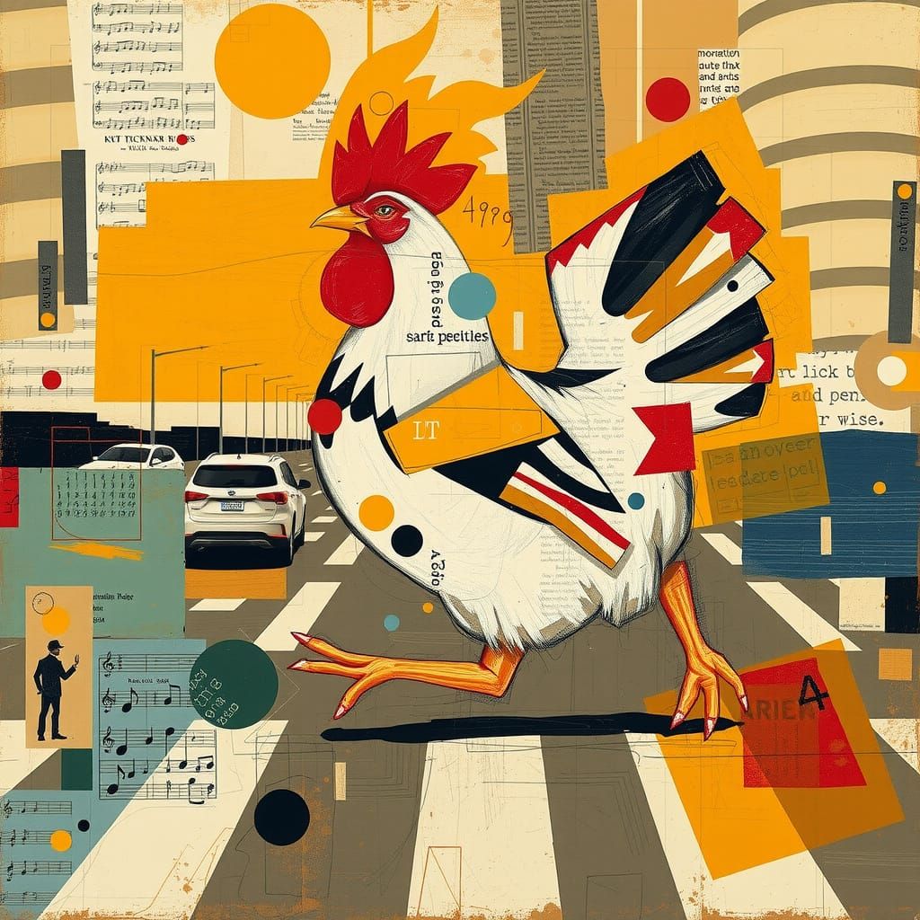 Vibrant Dadaist Chicken in Mid-Stride