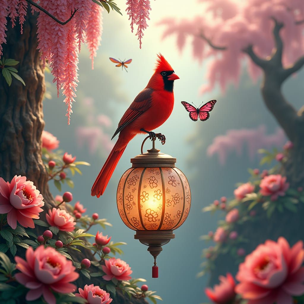 Cardinal in Chinese Garden: Matte Painting Style