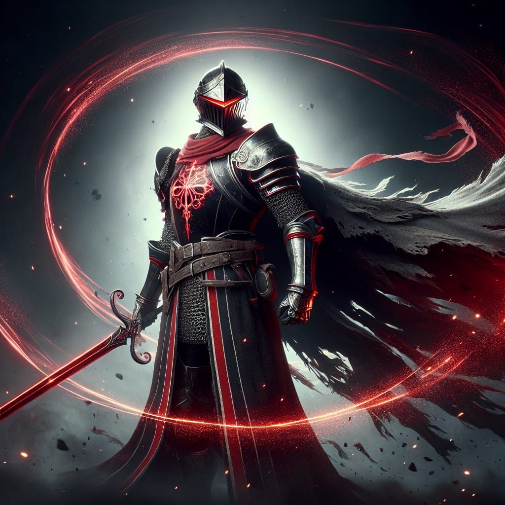 Heroic Knight in Black Armor with Glowing Sword