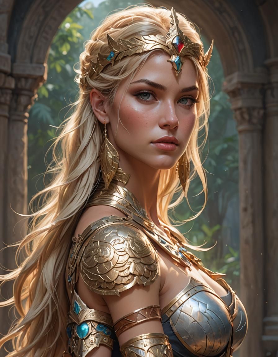 Blonde Amazon Warrior: Hyperdetailed Artgerm-Style Portrait