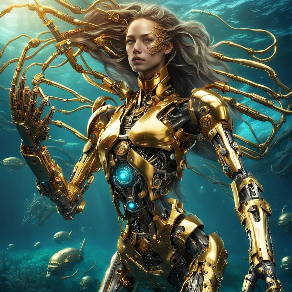 Golden Cyborg Woman Underwater: Dark Fantasy Concept Art