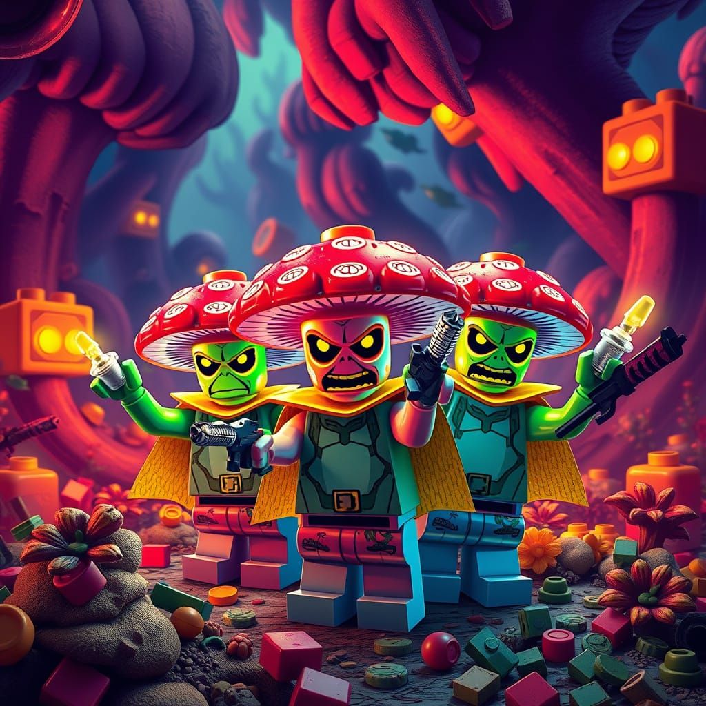 Psychedelic Lego Mushrooms With Weapons In Dreamscape