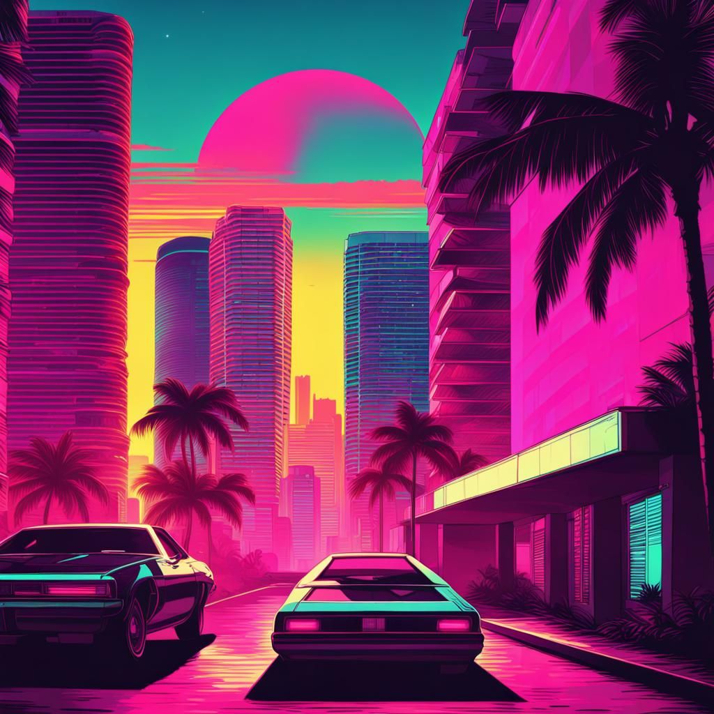 Miami Cityscape in Synthwave Cyberpunk Style