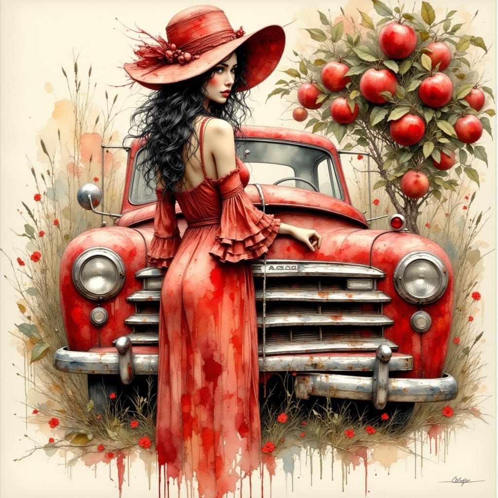 Woman in Red with Matching Truck, Watercolor Style