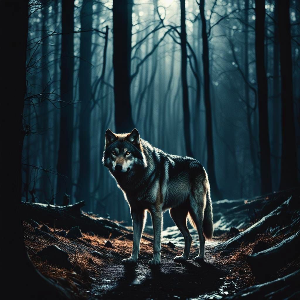 Dramatic Old Wolf in Dark Woods: Cinematic Film Still