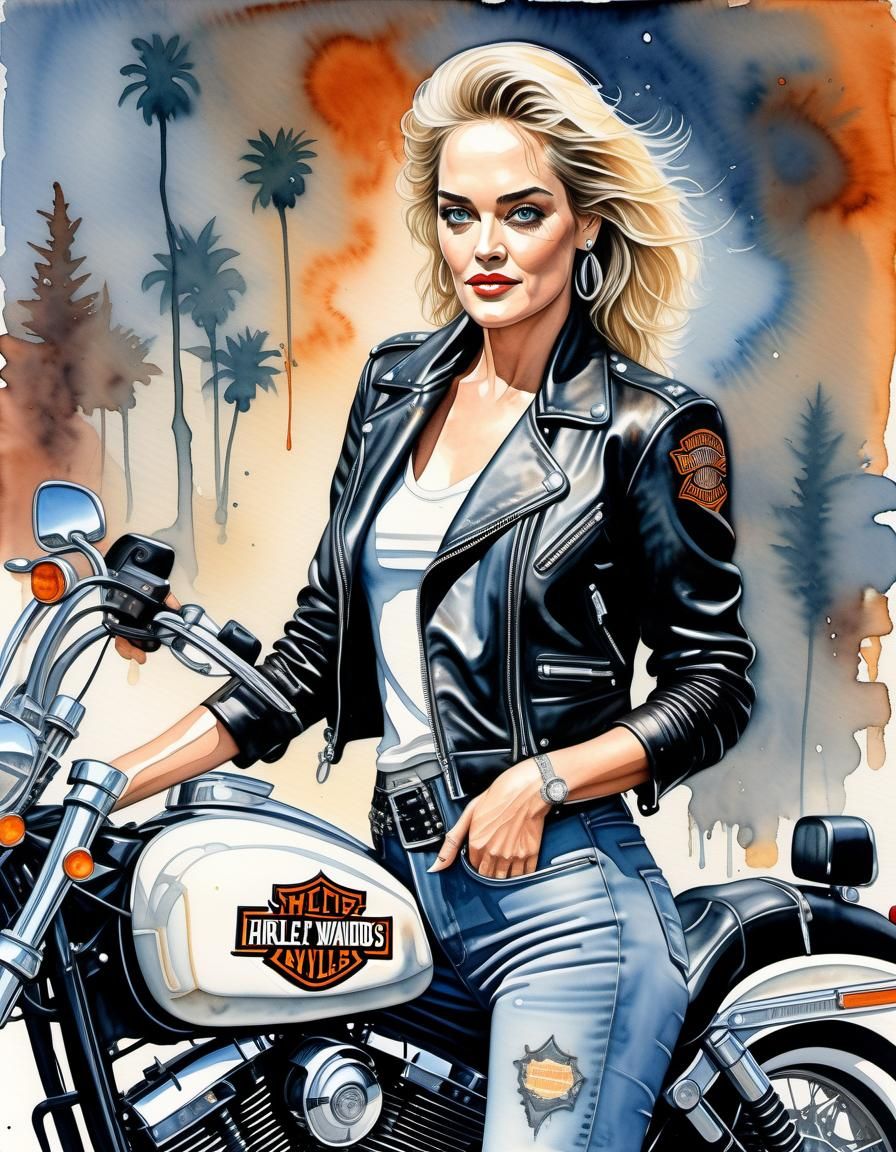 Sharon Stone as Watercolor Biker Cartoon Masterpiece