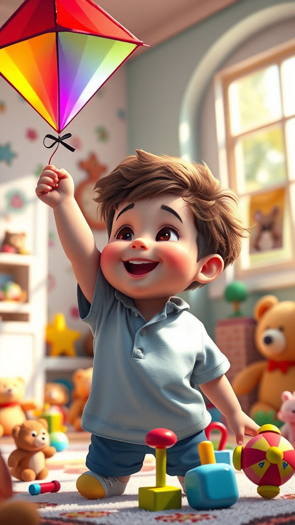 Toddler Reaching for Rainbow Kite, 3D Pixar Cartoon